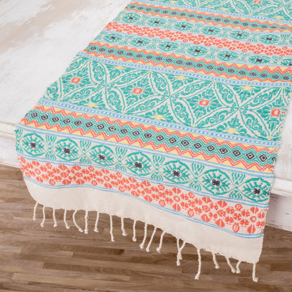 Guatemala is Family Handwoven Cotton Table Runner in Turquoise from Guatemala