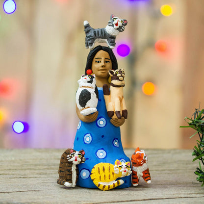 Woman with Cats in Blue Hand-Painted Ceramic Sculpture of a Woman with Cats