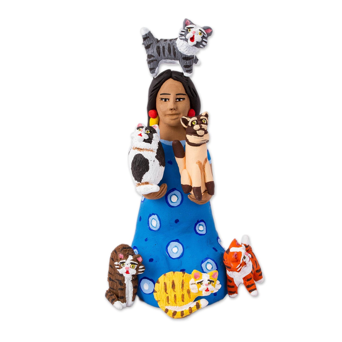 Woman with Cats in Blue Hand-Painted Ceramic Sculpture of a Woman with Cats