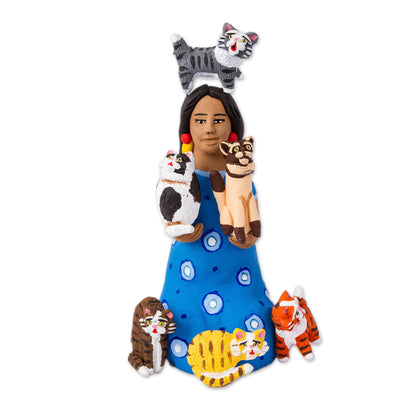 Woman with Cats in Blue Hand-Painted Ceramic Sculpture of a Woman with Cats