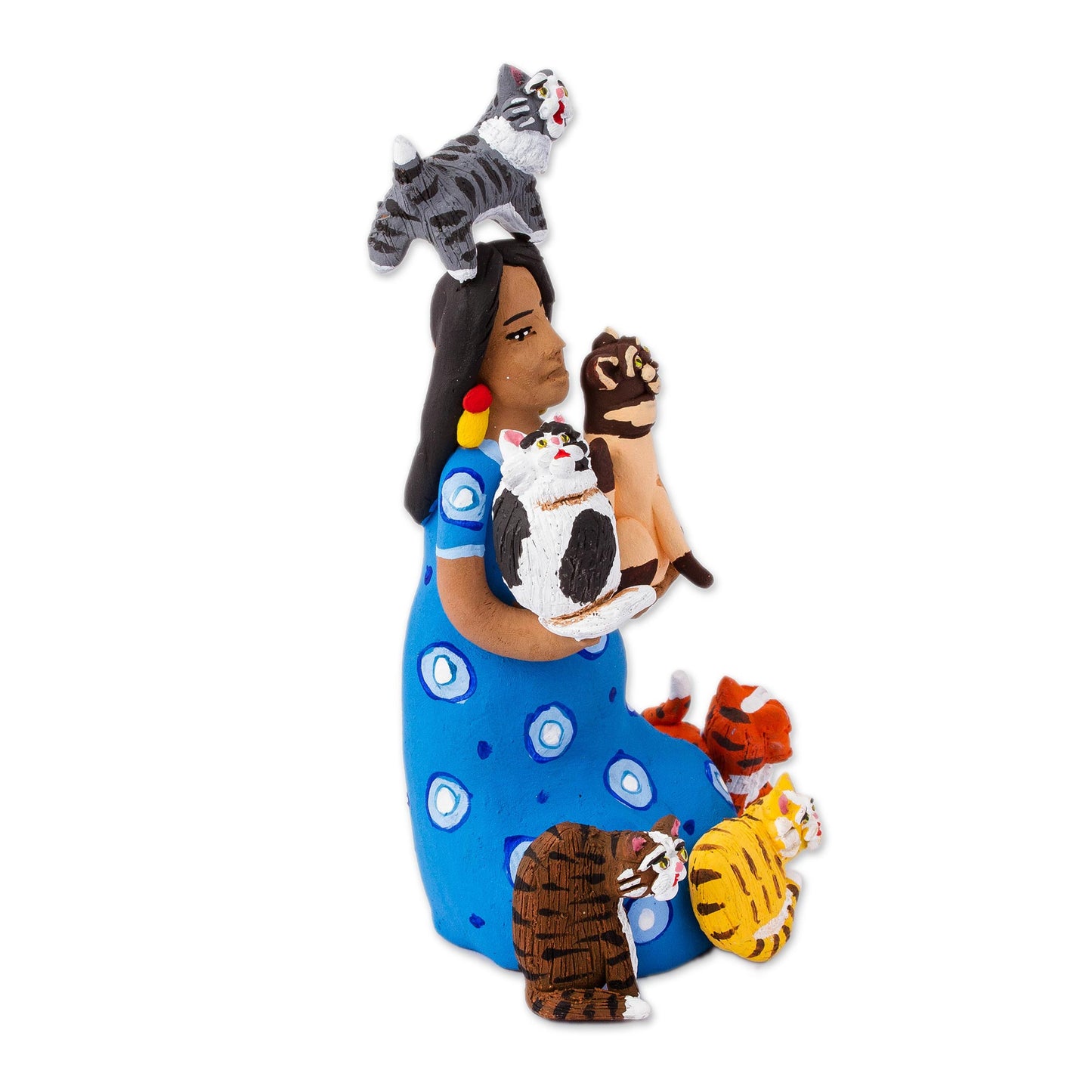 Woman with Cats in Blue Hand-Painted Ceramic Sculpture of a Woman with Cats
