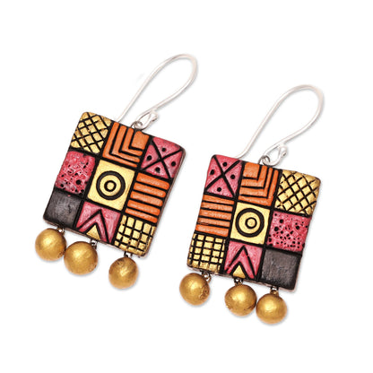 Creative Fusion Hand-Painted Square Ceramic Chandelier Earrings from India