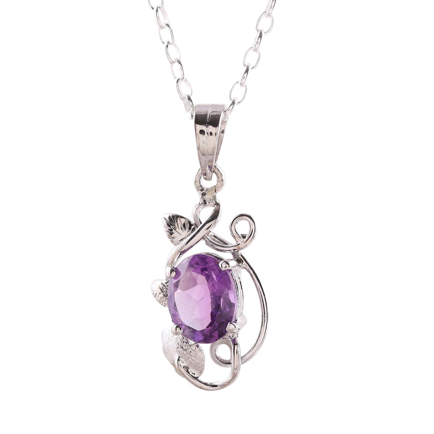 Lilac Dazzle Leafy Rhodium Plated Amethyst Pendant Necklace from India