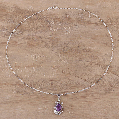 Lilac Dazzle Leafy Rhodium Plated Amethyst Pendant Necklace from India