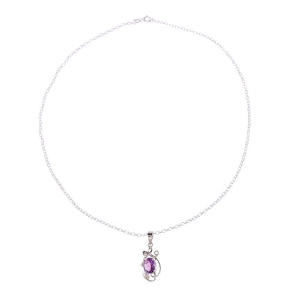 Lilac Dazzle Leafy Rhodium Plated Amethyst Pendant Necklace from India