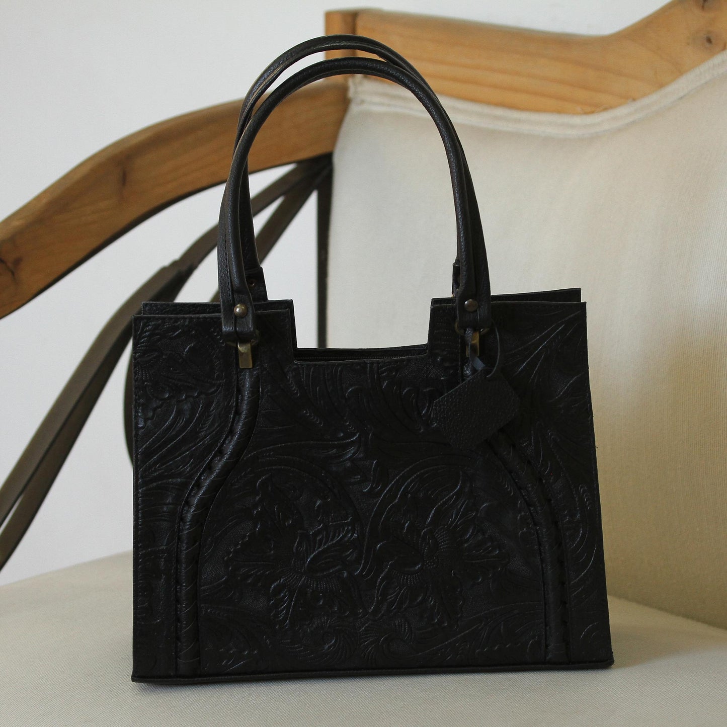 Lush Impressions in Black Handcrafted Black Embossed Leather Handbag from Mexico