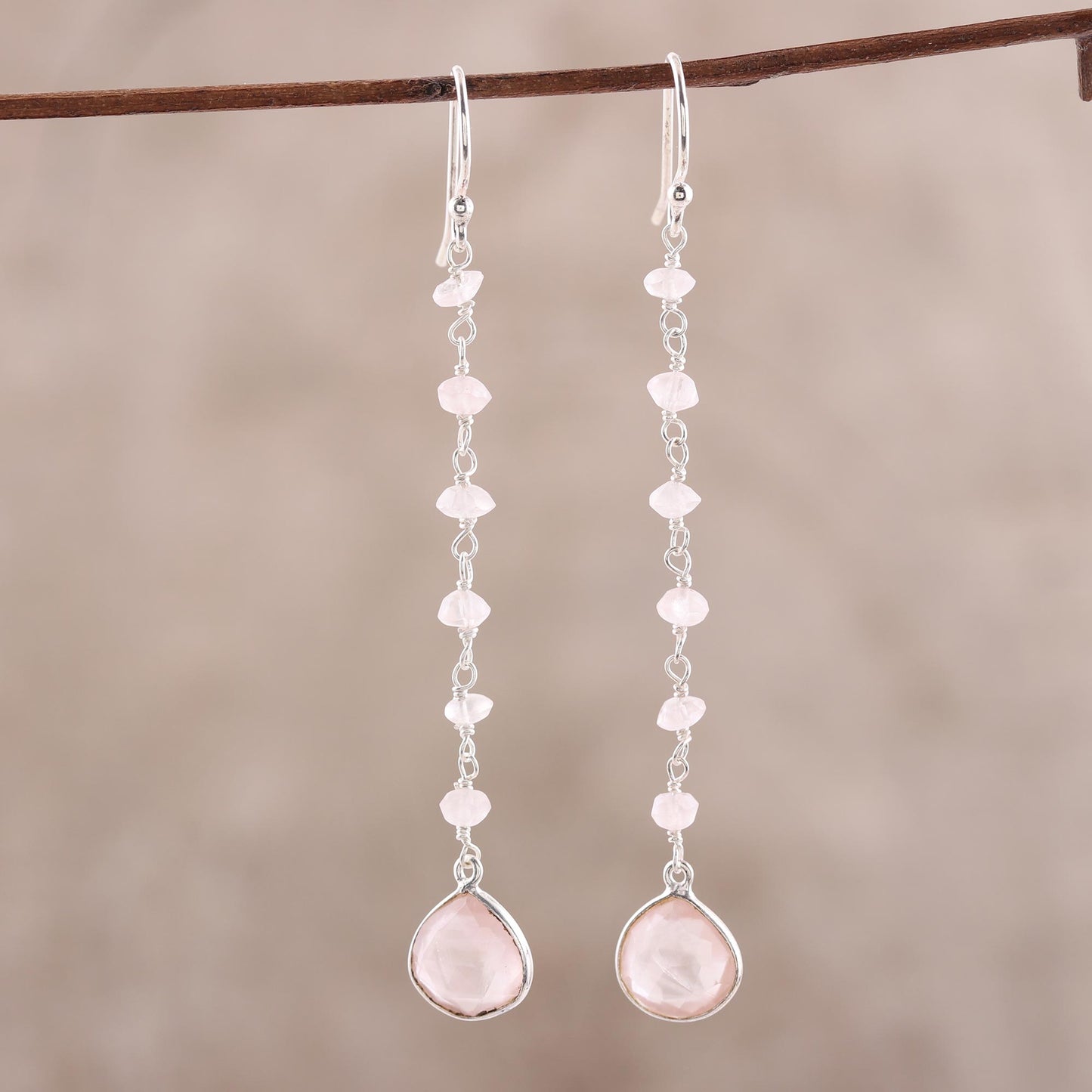 Morning Drops 4-Carat Rose Quartz Dangle Earrings from India