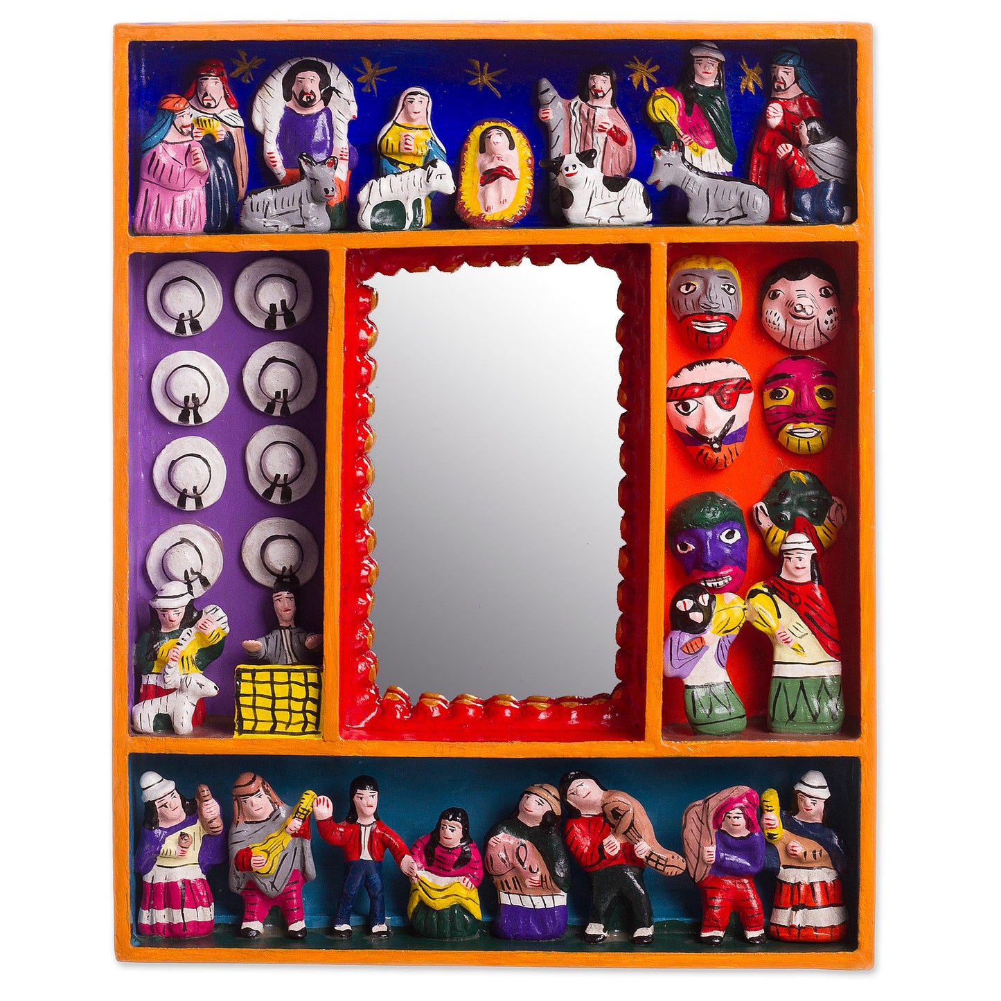 Ayacucho Birth Retablo-Style Nativity Wood Wall Mirror from Peru