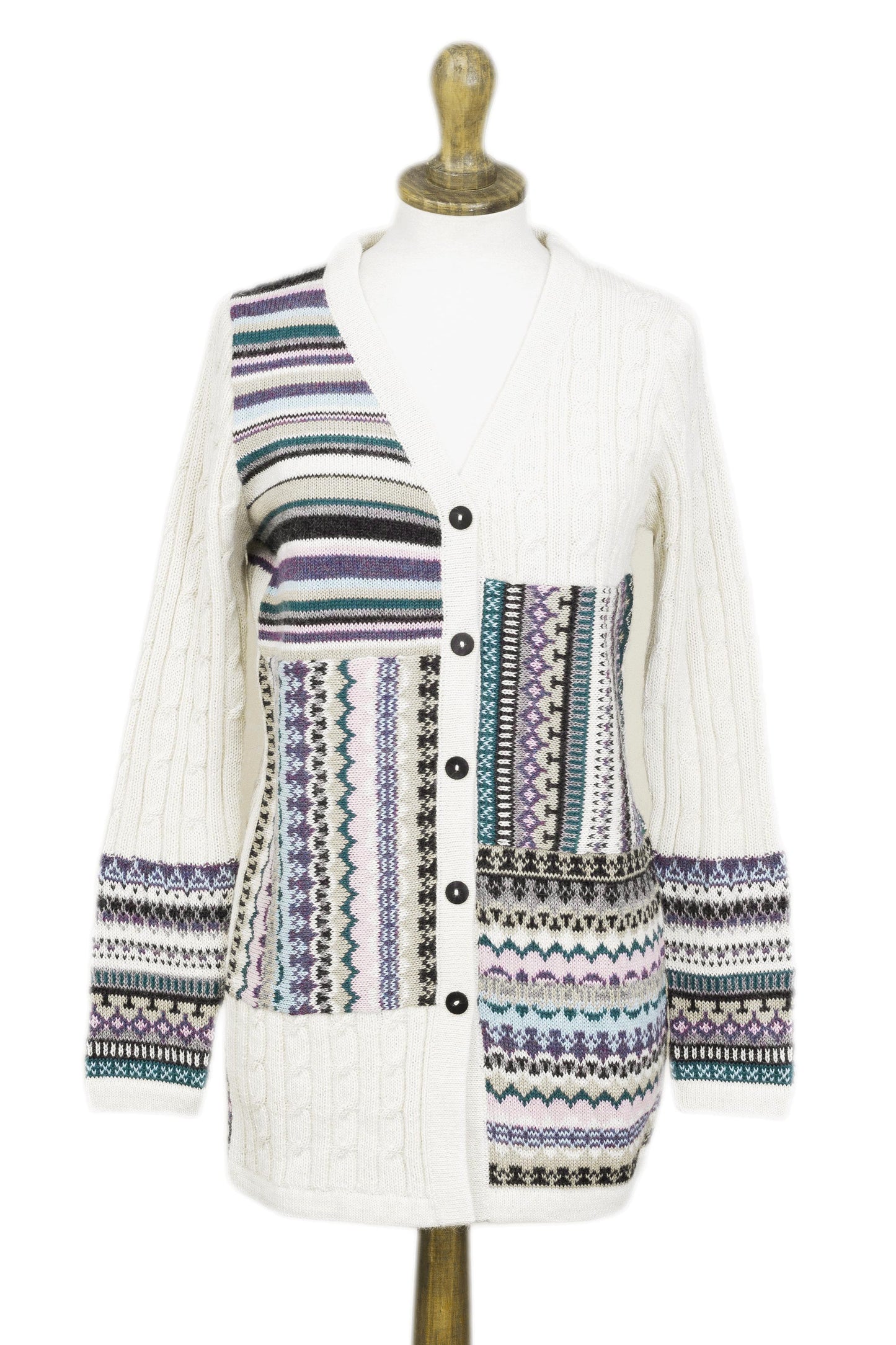 Patchwork Ivory and Multi-Color Patchwork 100% Alpaca Knit Cardigan