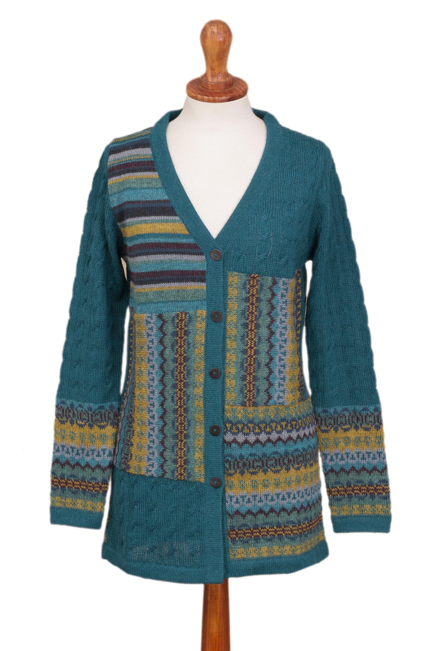 Patchwork in Teal Cable Knit 100% Alpaca Cardigan in Teal from Peru