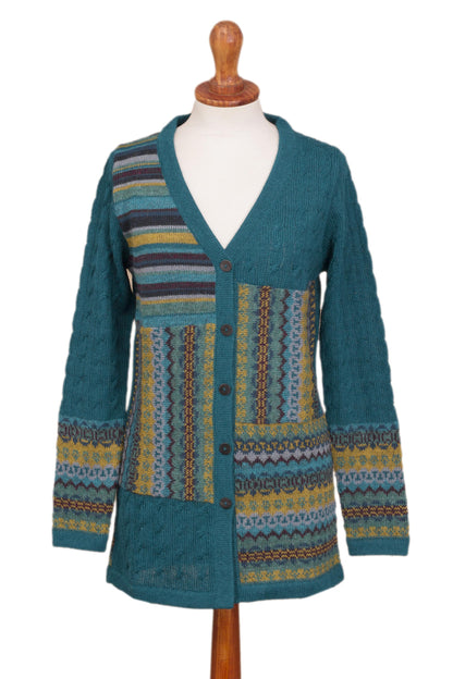 Patchwork in Teal Cable Knit 100% Alpaca Cardigan in Teal from Peru