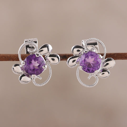 Glittering Purple Charm Rhodium Plated Amethyst Stud Earrings from India