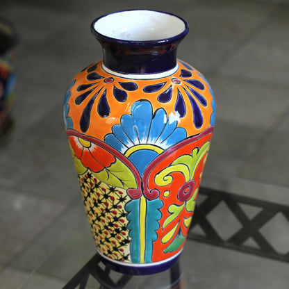 Floral Display Talavera-Style Ceramic Vase Crafted in Mexico