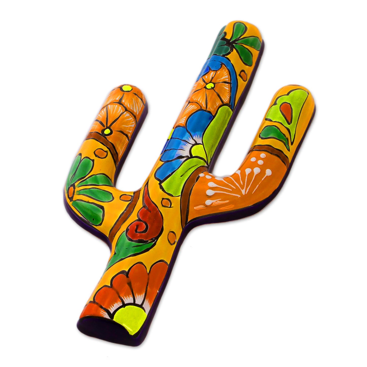 Talavera Saguaro Hand-Painted Cactus Talavera-Style Ceramic Wall Sculpture