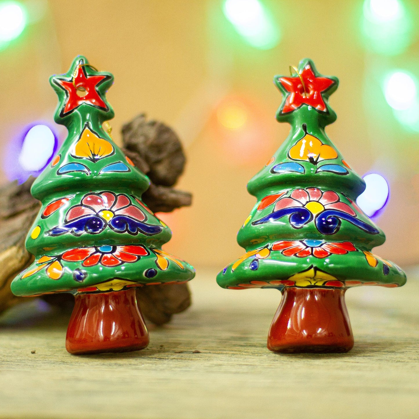 Talavera Celebration Floral Ceramic Christmas Tree Ornaments from Mexico (Pair)