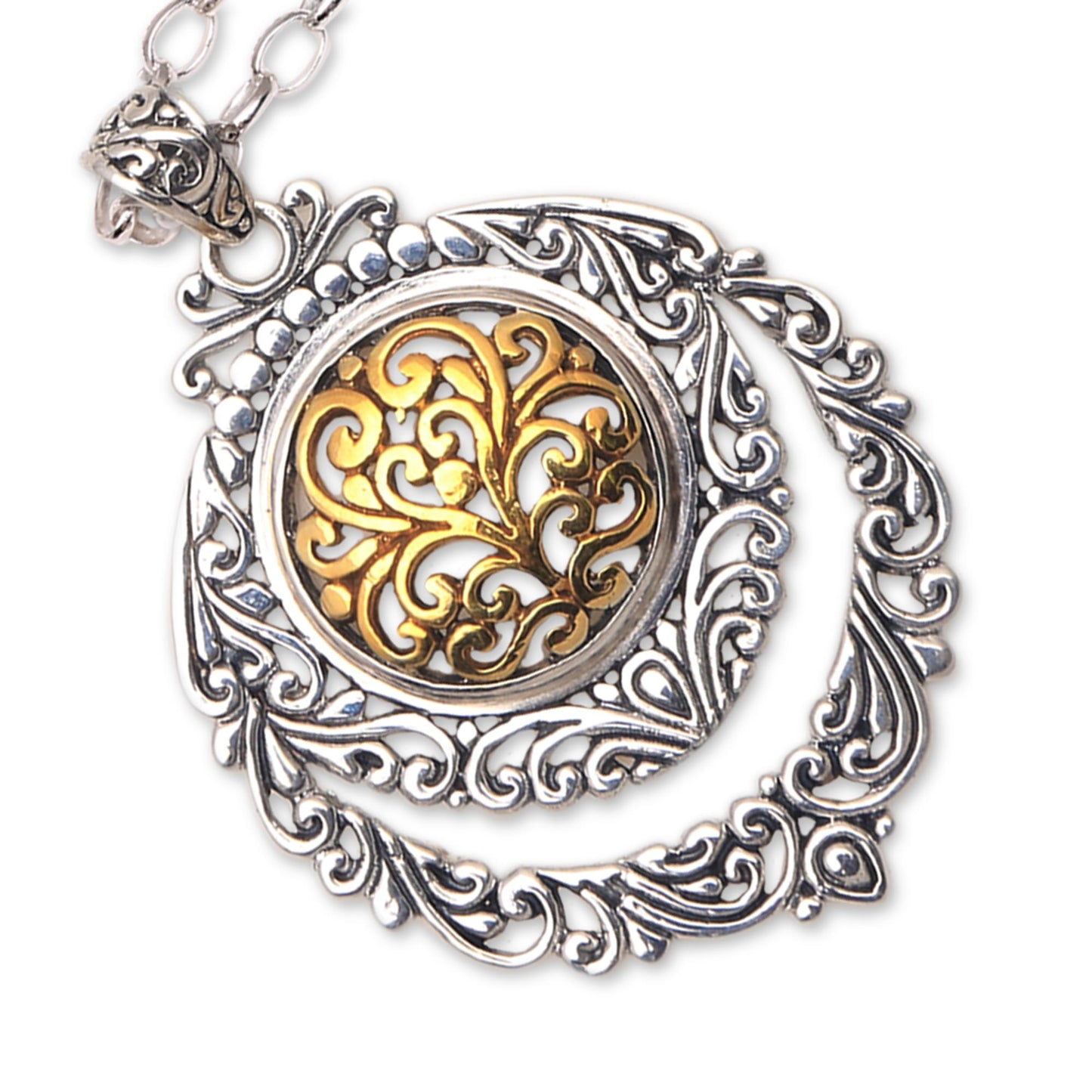 Jungle Roots Patterned Gold Accented Sterling Silver Pendant Necklace