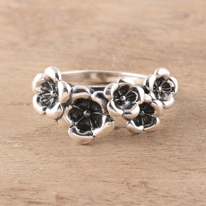 Floral Contrast Combination Finish Sterling Silver Cocktail Ring from India