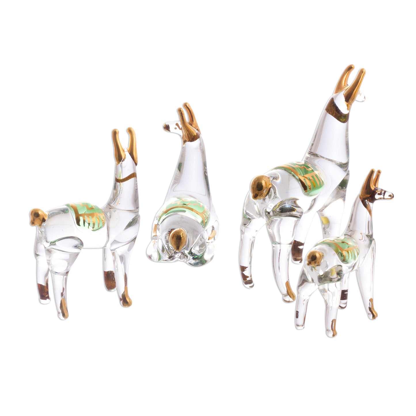 Llama Family Gilded Clear Glass Llama Figurines from Peru (Set of 4)