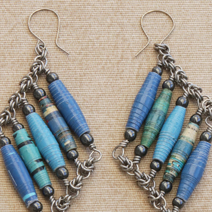 Tribal Links in Blue Recycled Paper and Hematite Dangle Earrings in Blue