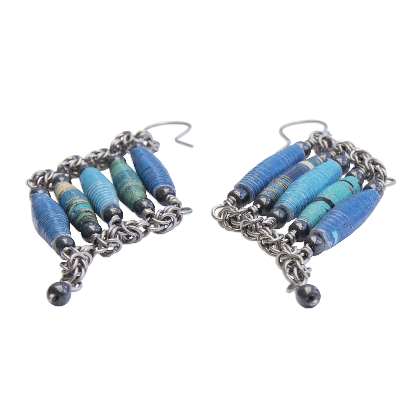 Tribal Links in Blue Recycled Paper and Hematite Dangle Earrings in Blue