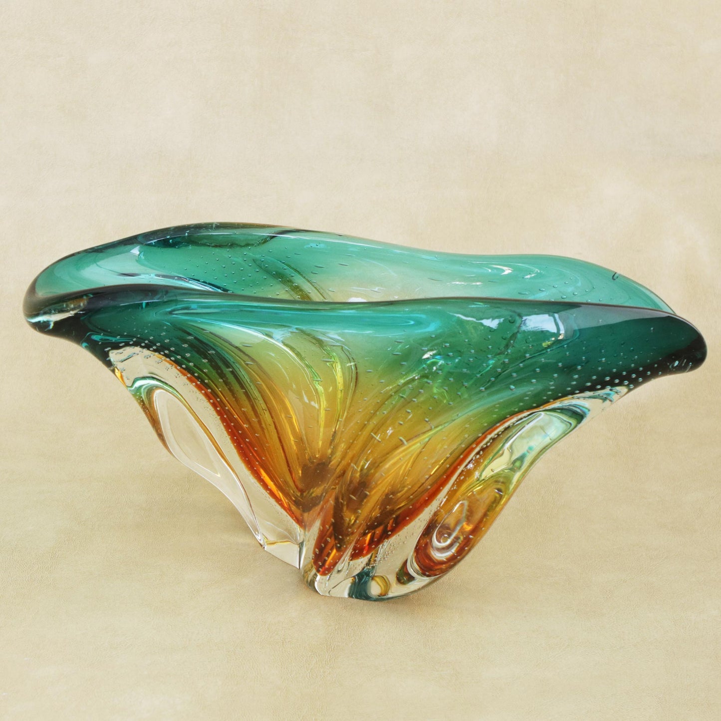 Fascinating Splash Art Glass Decorative Bowl in Amber and Blue from Brazil