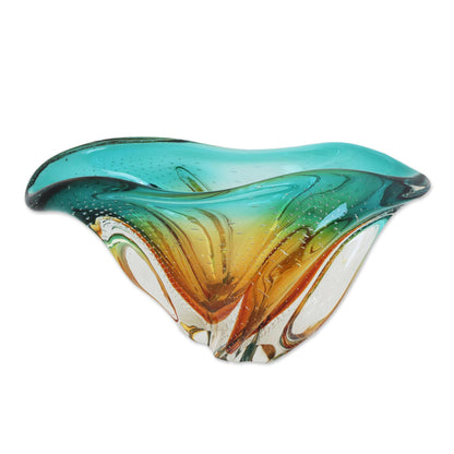 Fascinating Splash Art Glass Decorative Bowl in Amber and Blue from Brazil