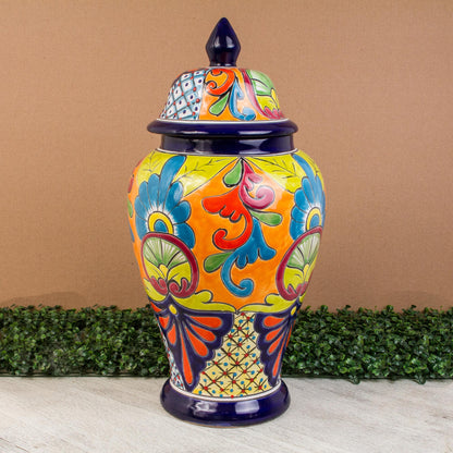 Mediterranean Beauty Hand-Painted Talavera-Style Ceramic Urn from Mexico