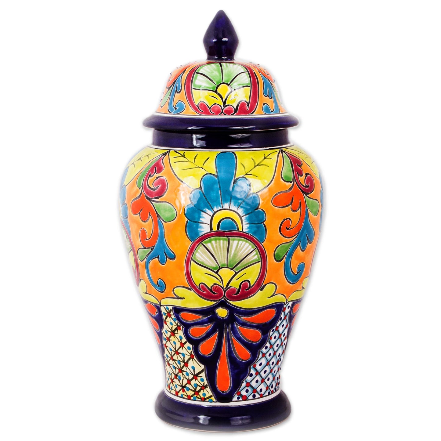 Mediterranean Beauty Hand-Painted Talavera-Style Ceramic Urn from Mexico