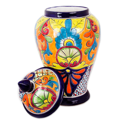 Mediterranean Beauty Hand-Painted Talavera-Style Ceramic Urn from Mexico