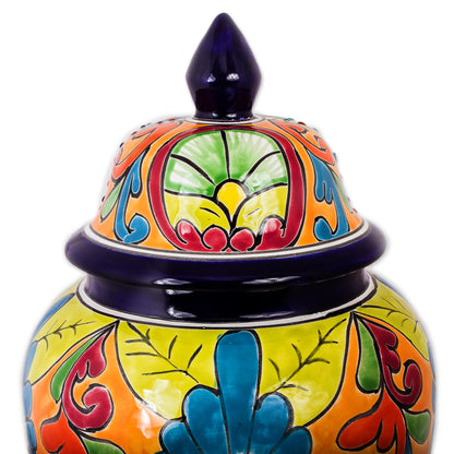 Mediterranean Beauty Hand-Painted Talavera-Style Ceramic Urn from Mexico