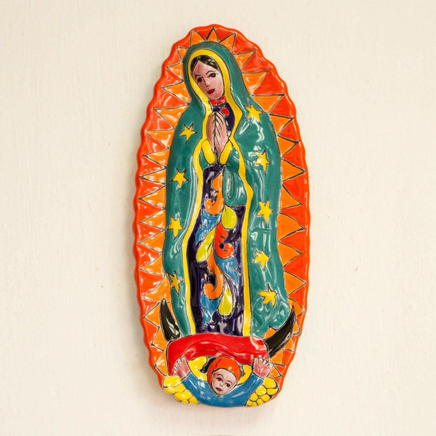 Talavera Guadalupe in Orange Talavera-Style Ceramic Wall Sculpture of the Virgin Mary