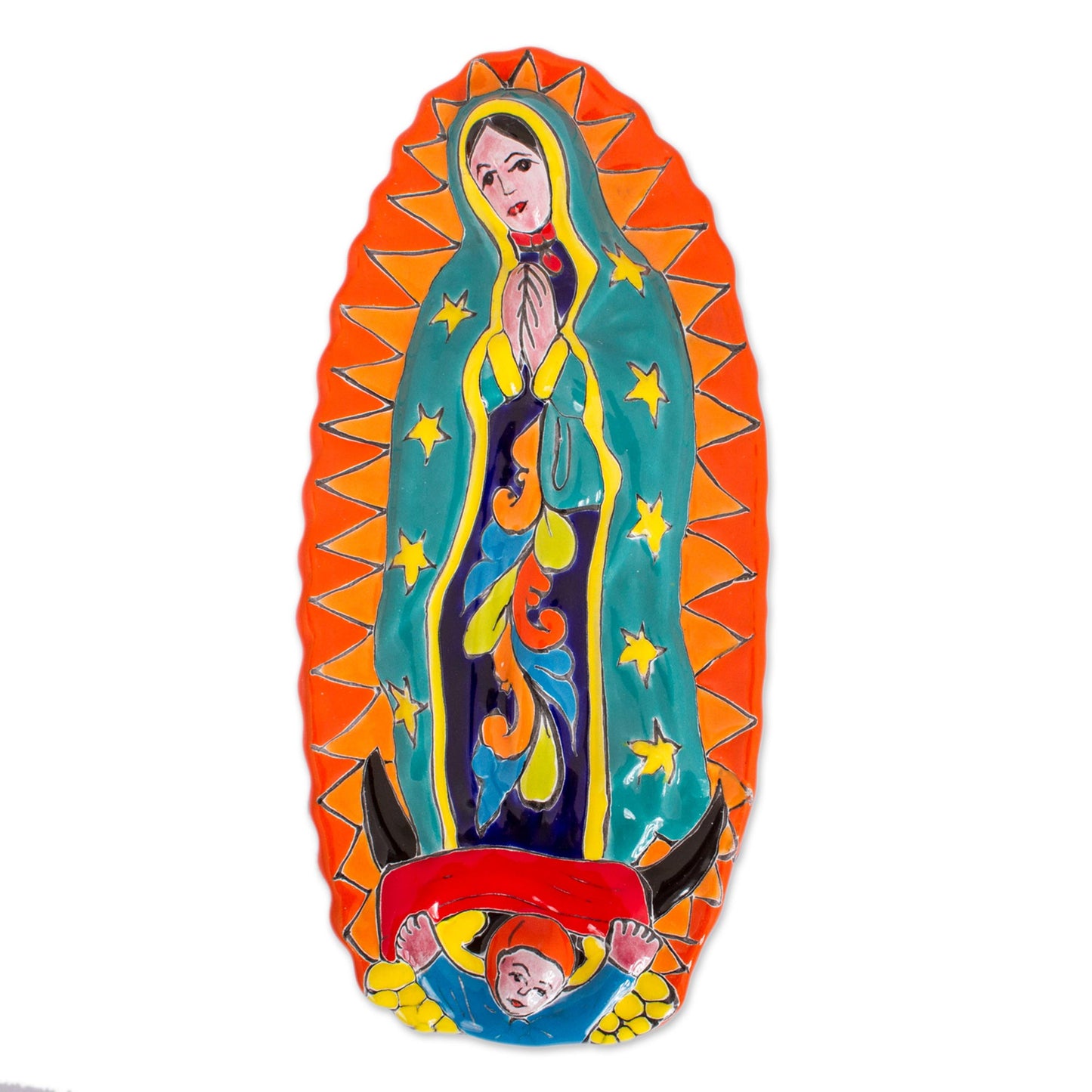 Talavera Guadalupe in Orange Talavera-Style Ceramic Wall Sculpture of the Virgin Mary