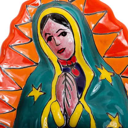 Talavera Guadalupe in Orange Talavera-Style Ceramic Wall Sculpture of the Virgin Mary