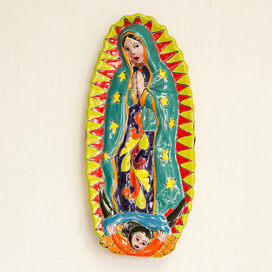 Talavera Guadalupe in Green Mother Mary Talavera-Style Ceramic Wall Sculpture