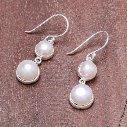 Double Moons Dangle Earrings with White Cultured Pearls from Thailand