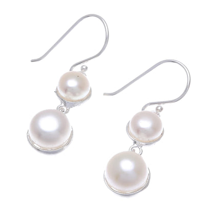 Double Moons Dangle Earrings with White Cultured Pearls from Thailand