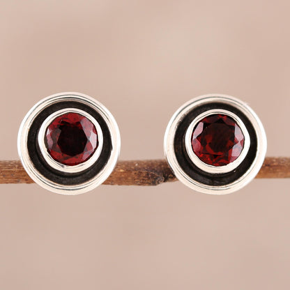 Framed Sparkle Circular Faceted Garnet Stud Earrings from India