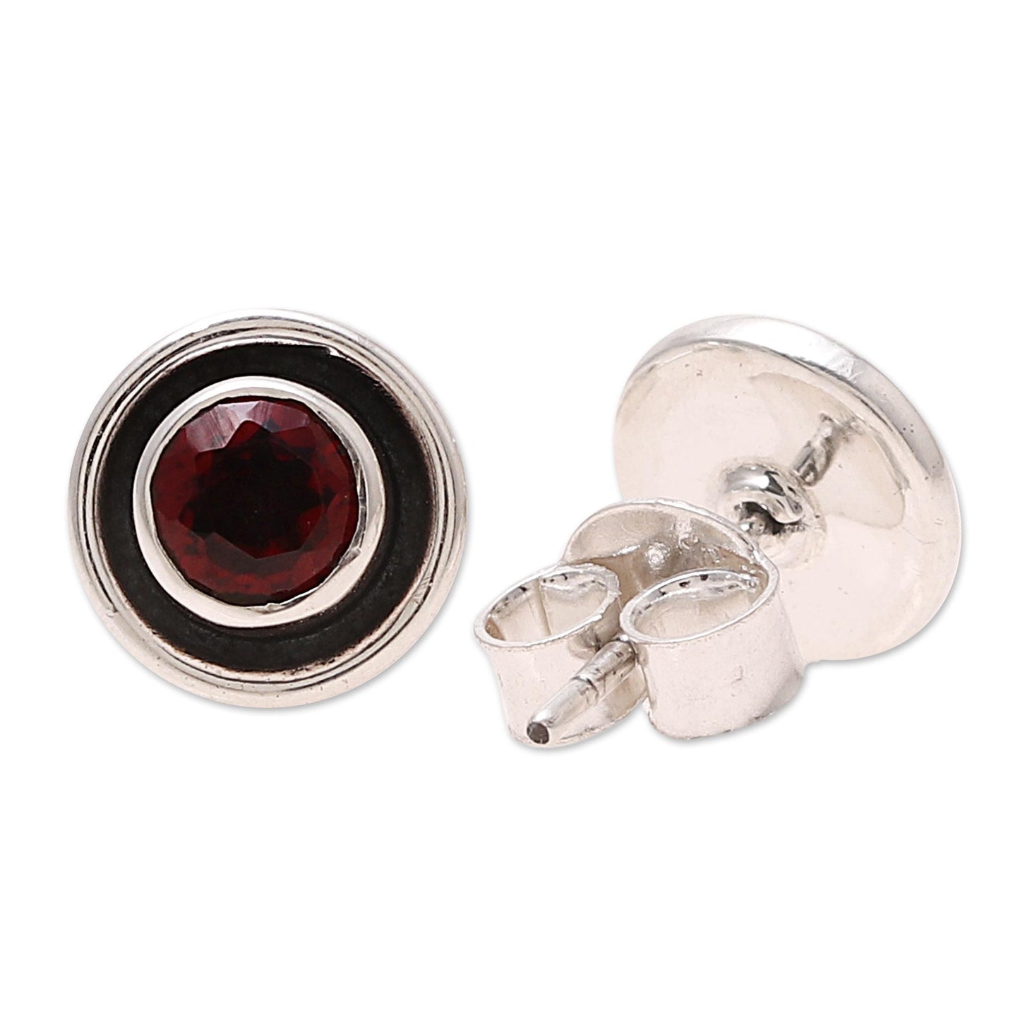 Framed Sparkle Circular Faceted Garnet Stud Earrings from India