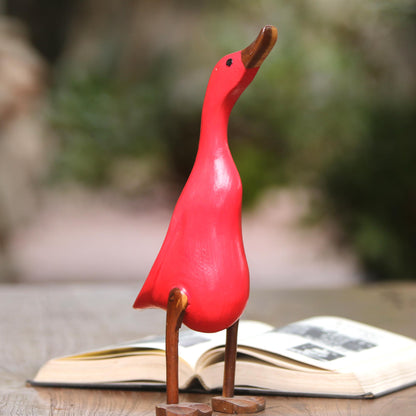 Barefoot Duck Acacia Wood and Bamboo Root Duck Sculpture in Red from Bali