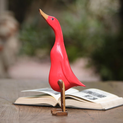 Barefoot Duck Acacia Wood and Bamboo Root Duck Sculpture in Red from Bali