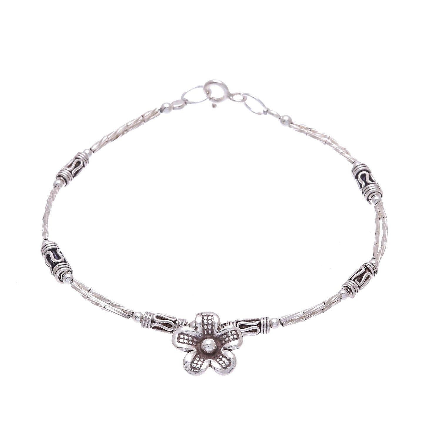 Life of a Flower Floral Hill Tribe Silver Beaded Pendant Bracelet