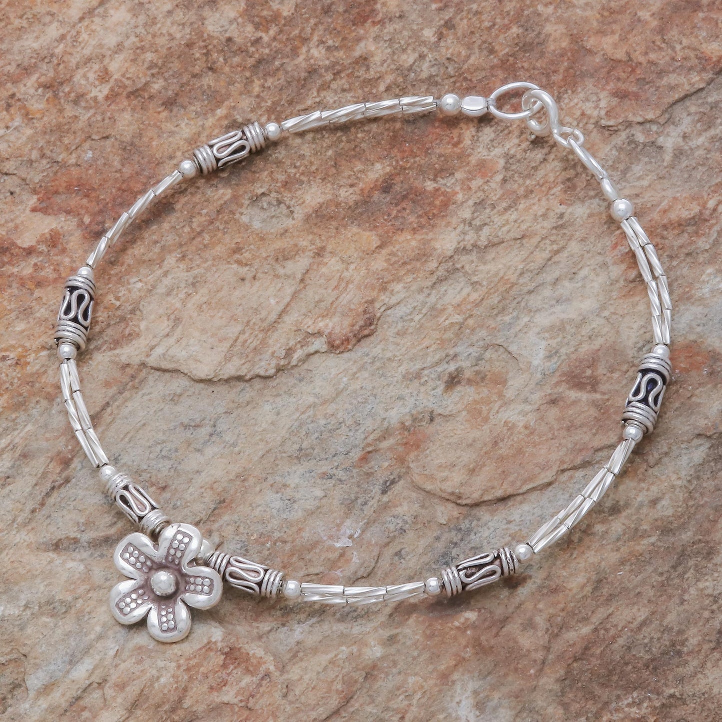 Life of a Flower Floral Hill Tribe Silver Beaded Pendant Bracelet