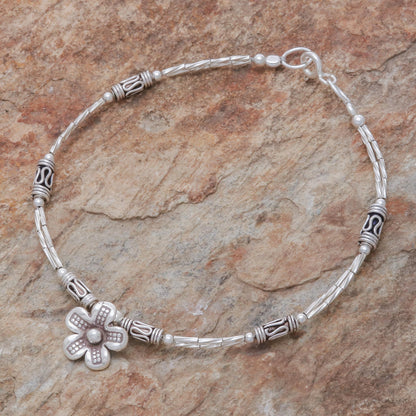 Life of a Flower Floral Hill Tribe Silver Beaded Pendant Bracelet