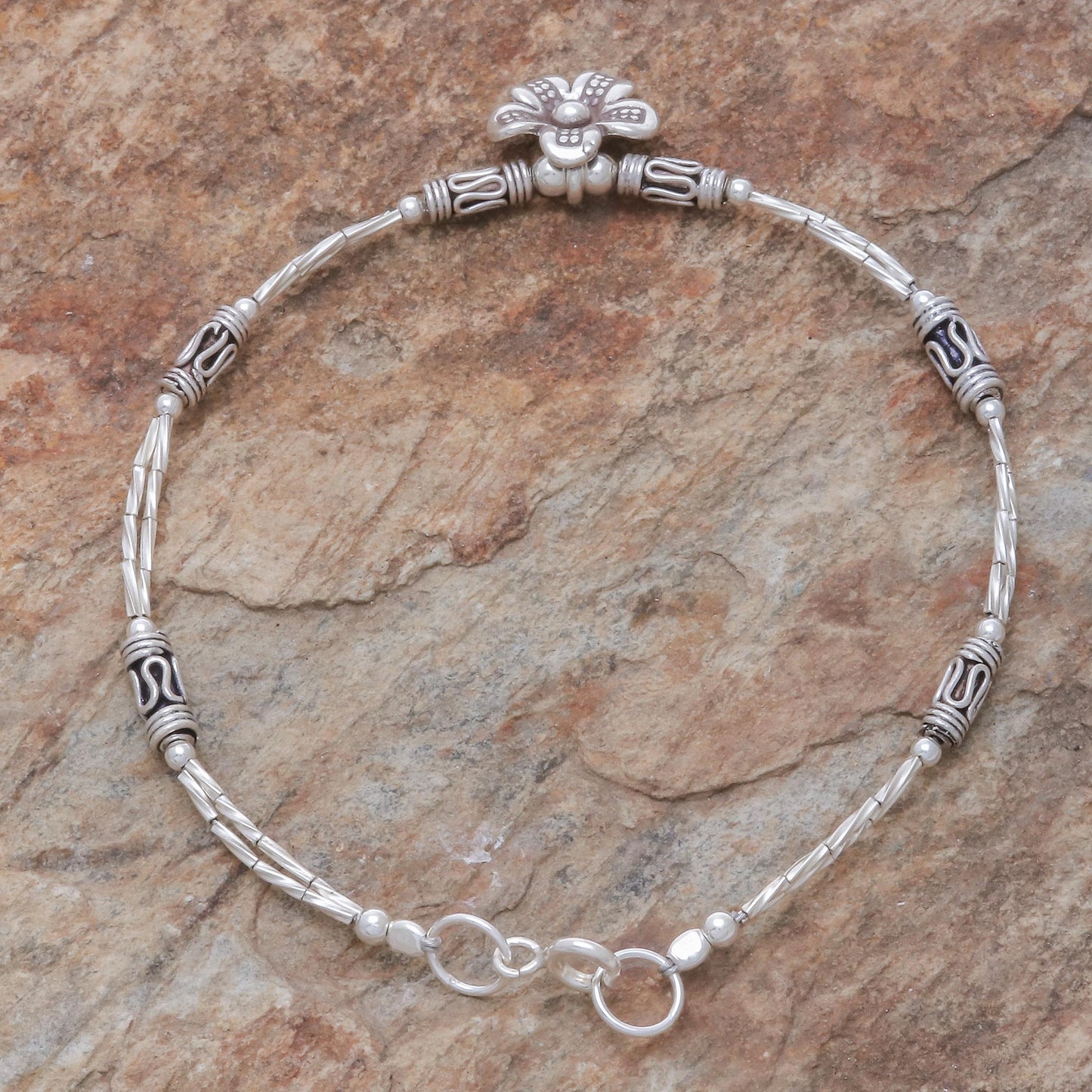 Life of a Flower Floral Hill Tribe Silver Beaded Pendant Bracelet