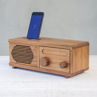 Vintage Radio Teak Wood Phone Speaker Shaped Like a Vintage Radio