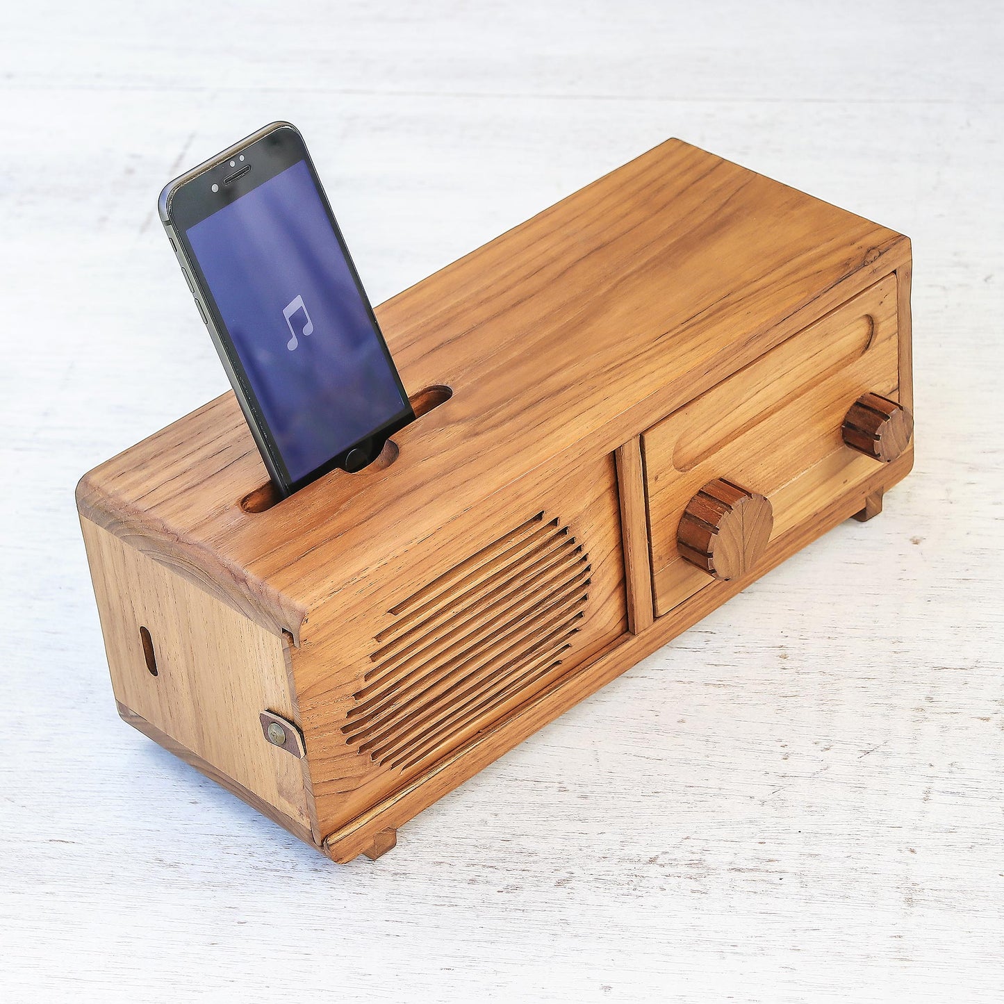 Vintage Radio Teak Wood Phone Speaker Shaped Like a Vintage Radio