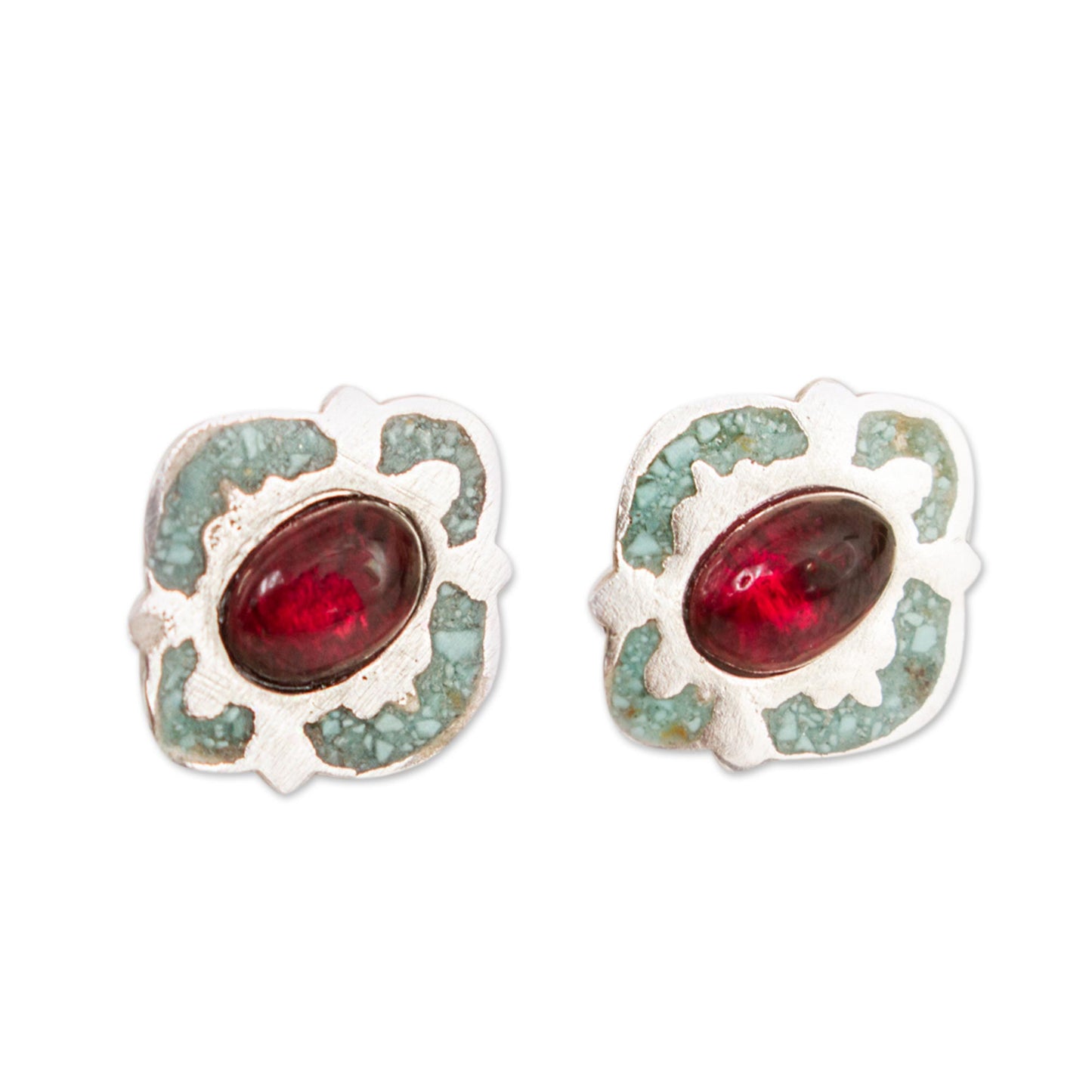 Nocturnal Gala Garnet and Recon. Turquoise Stud Earrings from Mexico