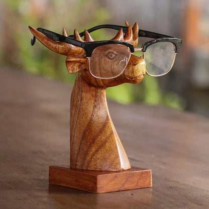 Studious Deer in Natural Deer-Shaped wood Eyeglasses Stand with a Natural Finish