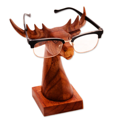 Studious Deer in Natural Deer-Shaped wood Eyeglasses Stand with a Natural Finish