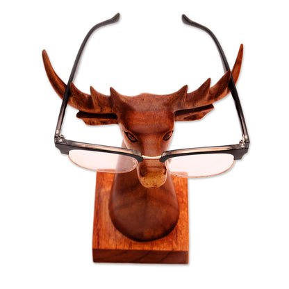 Studious Deer in Natural Deer-Shaped wood Eyeglasses Stand with a Natural Finish